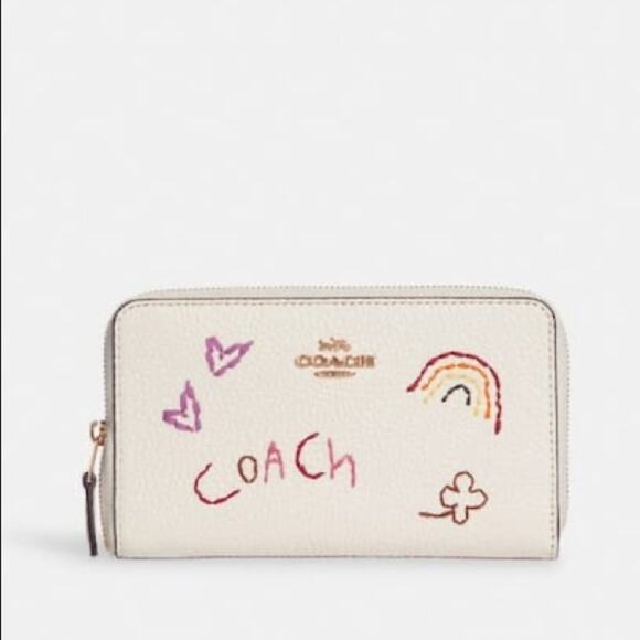 💃New Coach Medium Id Zip Wallet With Diary Embroidery/White/Leather - Picture 5 of 7